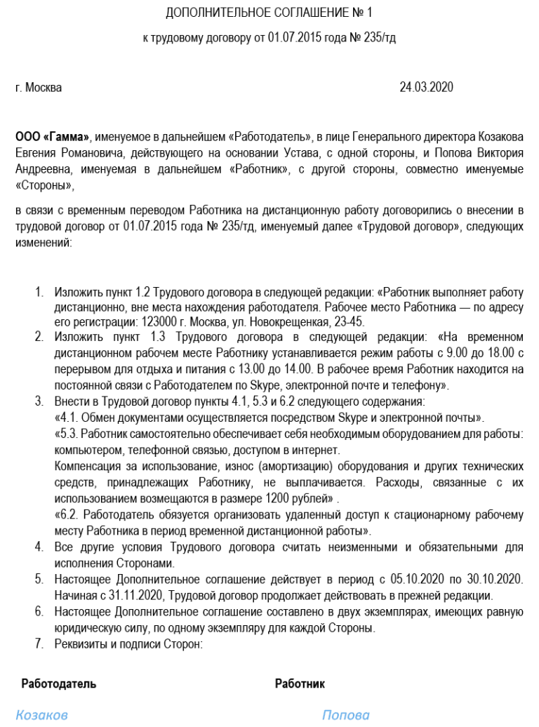 Дополнительное соглашение об удаленной работе образец