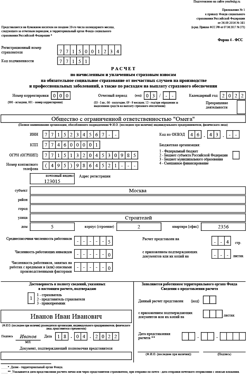 Образец 4 фсс за первый квартал